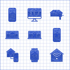 Sticker - Set Laptop with smart home, Smart watch house under protection, wi-fi, Mobile phone, and light bulb, and icon. Vector