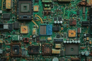 Poster - Green printed circuit board with many different components forming an interesting technical pattern