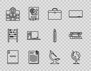 Poster - Set line Notebook, Earth globe, Briefcase, File document and paper clip, School building, Computer monitor with keyboard mouse, Microscope and Office folders papers documents icon. Vector