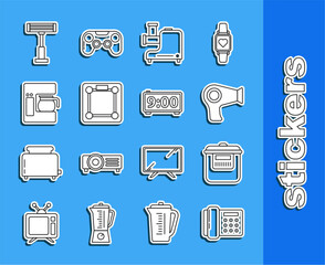 Poster - Set line Telephone, Slow cooker, Hair dryer, Kitchen meat grinder, Bathroom scales, Coffee machine with glass pot, Electric heater and Digital alarm clock icon. Vector