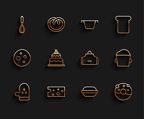 Wall Mural - Set line Oven glove, Cheese, Kitchen whisk, Macaron cookie, Donut with sweet glaze, Cake, Bakery bowl dough and apron icon. Vector