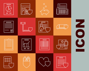 Poster - Set line Contract with shield, Medical clipboard clinical record, Delivery cargo truck, Piggy bank coin, Judge gavel, Confirmed document and check mark, Document graph chart and key icon. Vector