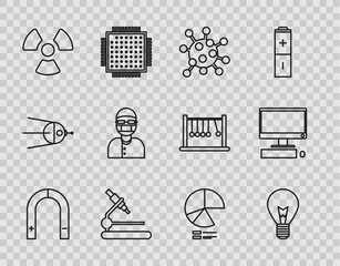 Fototapete - Set line Magnet, Light bulb with concept of idea, Bacteria, Microscope, Radioactive, Assistant, Pie chart infographic and Computer monitor keyboard and mouse icon. Vector