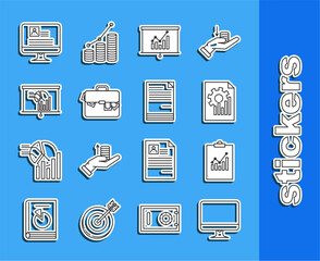 Sticker - Set line Computer monitor screen, Clipboard with graph chart, Document, Board, Briefcase and money, resume and icon. Vector