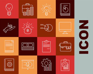 Fototapete - Set line Clipboard with graph chart, Briefcase and money, Computer monitor screen, Light bulb rays shine concept of idea, Money bag, hand, and Pie infographic icon. Vector