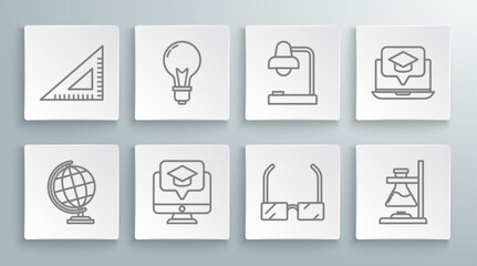 Poster - set line earth globe, light bulb with concept of idea, monitor graduation cap, glasses, test tube fl