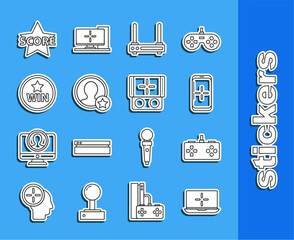 Poster - Set line Laptop, Gamepad, Smartphone and playing in game, Router wi-fi signal, Premium create account screen, Medal, Star and Portable video console icon. Vector