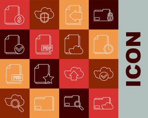 Poster - Set line Cloud storage text document folder, with check mark, Document clock, Next page arrow, PDF file, and, Finance and icon. Vector