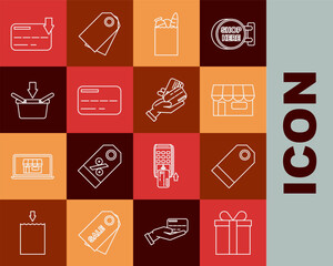 Poster - Set line Gift box, Blank label template price tag, Shopping building or market store, Paper shopping bag and food, Credit card, basket, and Human hand holding with credit icon. Vector