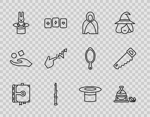 Sticker - Set line Ancient magic book, Witch cauldron and stone, Mantle, cloak, cape, Magic wand, Magician hat rabbit, Spell, and Hand saw icon. Vector