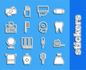 Sticker - Set line Garbage bag, Toothbrush with toothpaste, Paper towel dispenser on wall, Hairbrush, Wet wipe pack, Bar of soap and Toilet paper roll icon. Vector