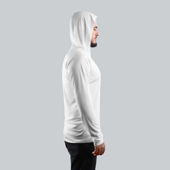 Canvas Print - Mockup of light white longsleeve on man, sportswear sun protection, side view, isolated on background.