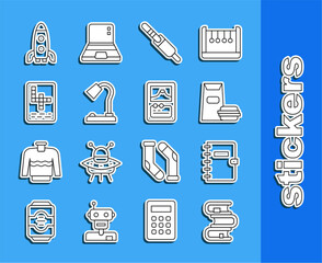 Poster - Set line Book, Spiral notebook, Burger, Audio jack, Table lamp, Crossword, Rocket ship and Card game icon. Vector