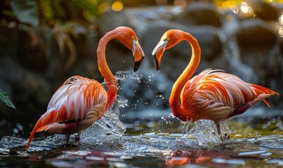 Vibrant Flamingos in Natural Habitat with Water Reflection