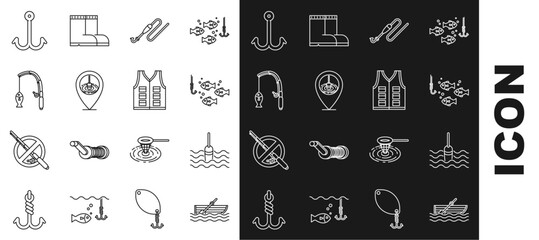 Poster - Set line Fishing boat with oars on water, float, hook under fish, line and, Location fishing, rod, and jacket icon. Vector