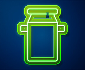 Poster - Glowing neon line Can container for milk icon isolated on blue background. Vector