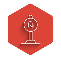 Poster - White line Turn back road icon isolated with long shadow background. Traffic rules and safe driving. Red hexagon button. Vector