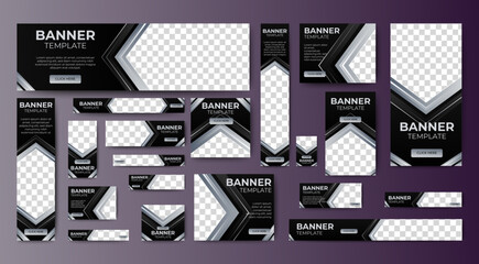 Poster - Professional business web ad banner template with photo place. Modern layout black background shape and text design	