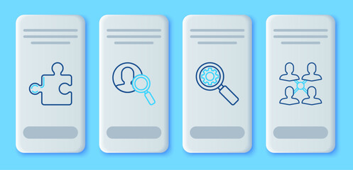 Poster - Set line Magnifying glass for search a people, and gear, Piece of puzzle and Project team base icon. Vector
