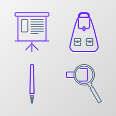 Poster - Set line Magnifying glass, Pen, School backpack and Presentation financial board with graph, schedule, chart, diagram, infographic, pie graph icon. Vector