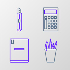 Poster - set line pencil case stationery, notebook, calculator and stationery knife icon. vector