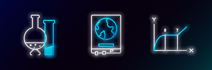 Fototapete - Set line Pie chart infographic, Test tube and flask chemical laboratory test and World map on school blackboard icon. Glowing neon. Vector