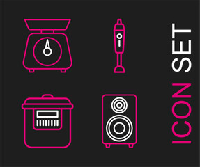 Poster - Set line Stereo speaker, Slow cooker, Blender and Scales icon. Vector
