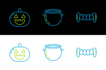 Wall Mural - Set line Vampire teeth, Pumpkin and Halloween witch cauldron icon. Vector
