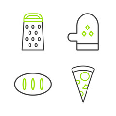 Sticker - Set line Slice of pizza, Bread loaf, Oven glove and Grater icon. Vector