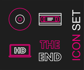 Poster - Set line The End handwritten inscription, Laptop screen with HD video technology, VHS cassette tape and CD or DVD disk icon. Vector