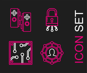 Poster - set line project team base, processor, lock on digital circuit board and gamepad icon. vector