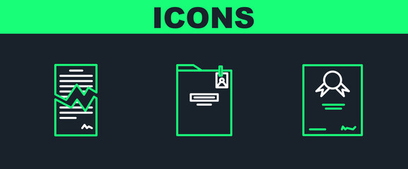 Poster - set line certificate template, torn contract and personal folder icon. vector
