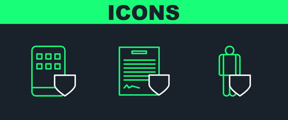 Poster - Set line Life insurance with shield, Smartphone and Contract icon. Vector