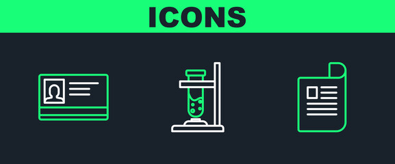 Poster - Set line Document, Identification badge and Glass test tube flask fire icon. Vector