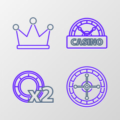 Canvas Print - Set line Casino roulette wheel, chips, signboard and Crown icon. Vector