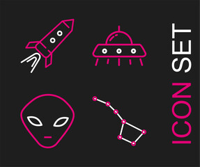 Poster - Set line Great Bear constellation, Alien, UFO flying spaceship and Rocket with fire icon. Vector