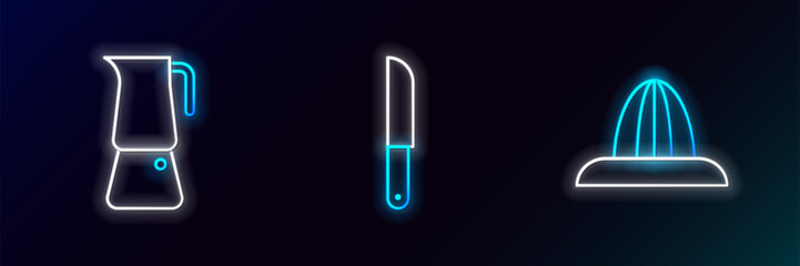 Poster - Set line Citrus fruit juicer, Moka pot and Knife icon. Glowing neon. Vector