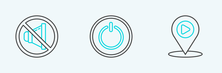 Poster - Set line Digital media play with location, Speaker mute and Power button icon. Vector