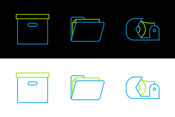 Poster - Set line Scotch, Carton cardboard box and Document folder icon. Vector