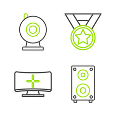 Poster - Set line Stereo speaker, Computer monitor, Medal and Web camera icon. Vector