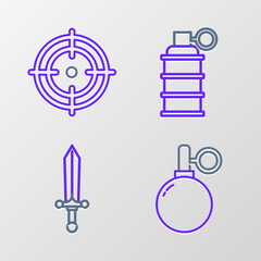 Poster - set line hand grenade, medieval sword, and target sport icon. vector