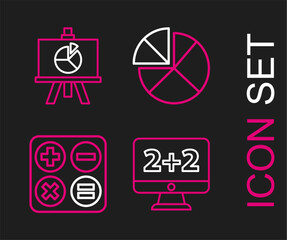 Poster - set line equation solution, calculator, graph, schedule, chart, diagram and chalkboard with icon. ve
