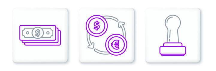 Poster - Set line Stamp, Stacks paper money cash and Money exchange icon. Vector