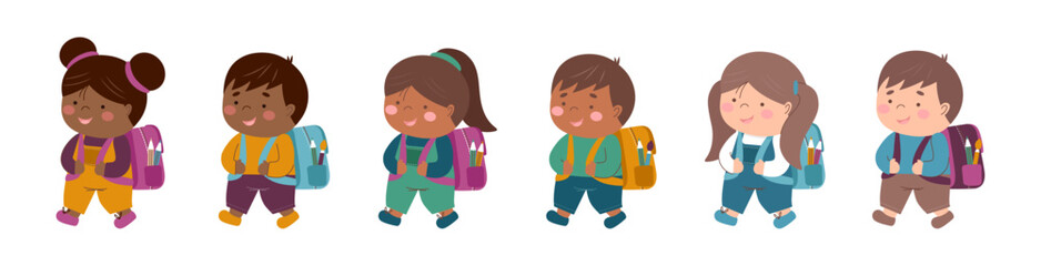 Wall Mural - Childrens school collection. Set of multiracial school children with backpacks isolated on white. Back to school concept. Education concept.