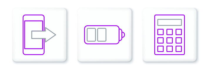 Poster - Set line Calculator, Smartphone, mobile phone and Battery charge level indicator icon. Vector