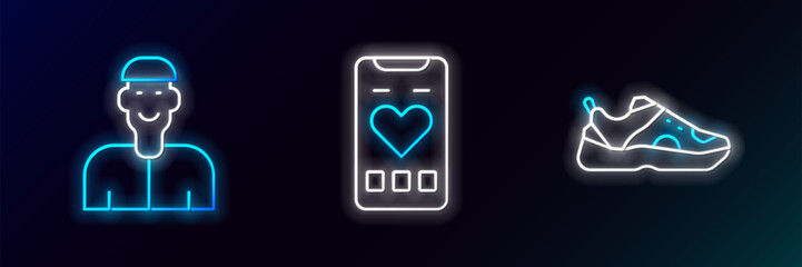 Poster - Set line Sport sneakers, Positive thinking and Mobile with heart rate icon. Glowing neon. Vector