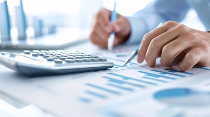 Poster - Detailed close-up of a financial advisor explaining tax details using a calculator and financial charts, with plenty of copyspace for additional information.