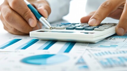 Poster - Detailed close-up of a financial advisor explaining tax details using a calculator and financial charts, with plenty of copyspace for additional information.