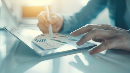 Poster - A close-up of a financial advisor's hand using a tablet to explain tax information to a client, with copyspace for additional information.