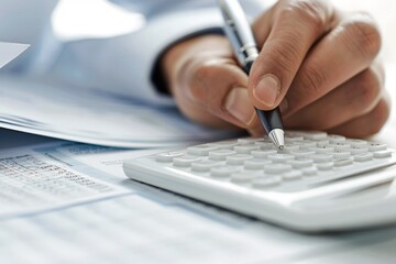 Poster - A detailed close-up of a financial advisor explaining tax deductions using a printed report, with ample copyspace for text.